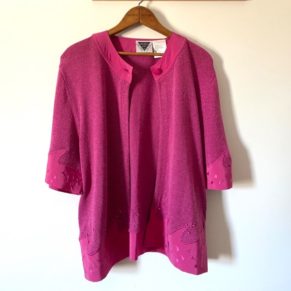 1980’s Vintage Hot Pink Short Sleeve Sweater Cotton Rayon Size Large Open Front - Picture 10 of 10